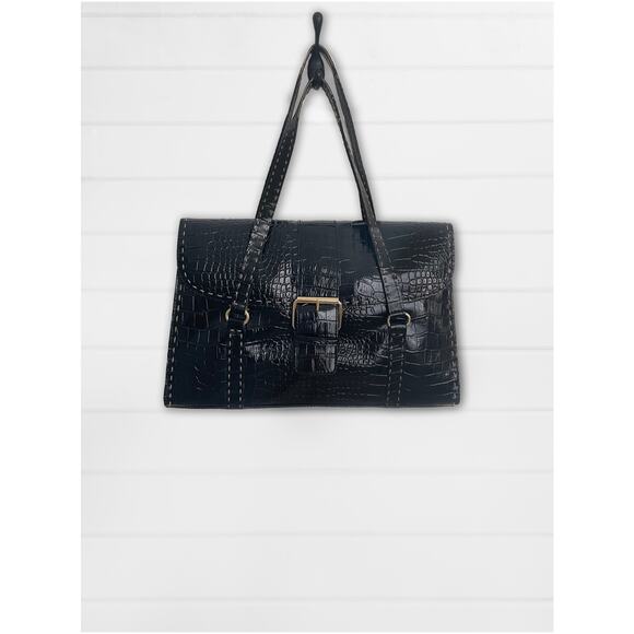 Vintage Classic Liz Claiborne Black Patent Leather Croc Handbag - Picture 1 of 15